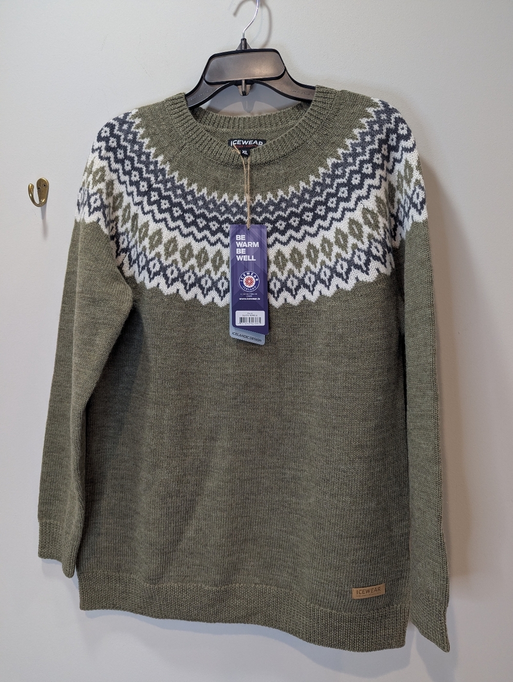 NWT Icewear Fair Isle Green Pullover Crew Neck Merino Wool Sweater Size XL